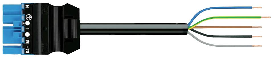 Ein Stromstecker mit fünf offenen Kabelenden in verschiedenen Farben: blau, grün-gelb, braun, grau und schwarz.