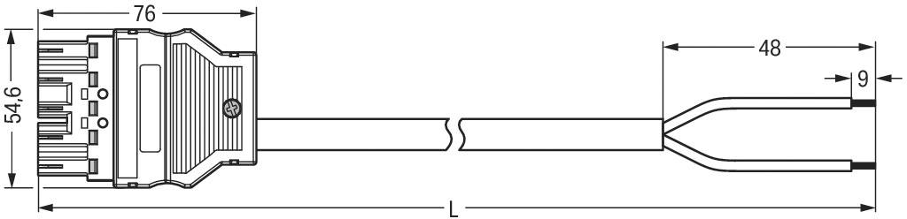 Technische Zeichnung eines Steckverbinders mit Abmessungen: Breite 54,6 mm, Länge 76 mm und 48 mm. Kabel ist 9 mm breit.