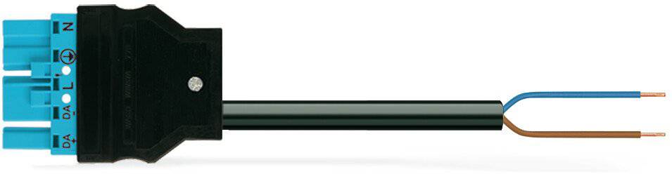 Ein schwarzer Stecker mit drei blauen Anschlüssen und zwei freiliegenden Kupferdrähten, die aus dem Kabelende herausragen.