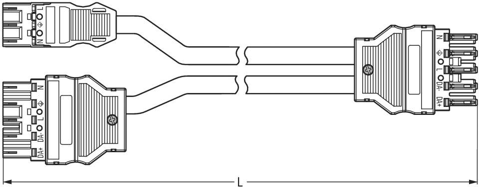 Technische Zeichnung zweier Steckverbinder mit Kabeln, die mit einem Pfeil verbunden sind. Zeigt Größe und Verbindungsdetails.