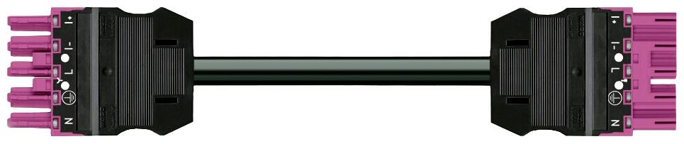 Schwarzes Kabel mit pinken Steckverbindern an beiden Enden. Verbindungskomponenten sind durch Buchstaben und Symbole markiert.