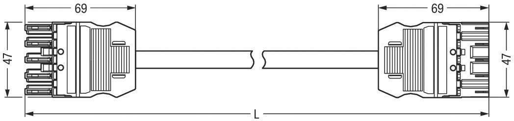 Zeichnung eines Steckverbinders mit Maßen: Breite 47 mm, Höhe 69 mm. Zwei Ansichten sind durch ein Kabel getrennt dargestellt.
