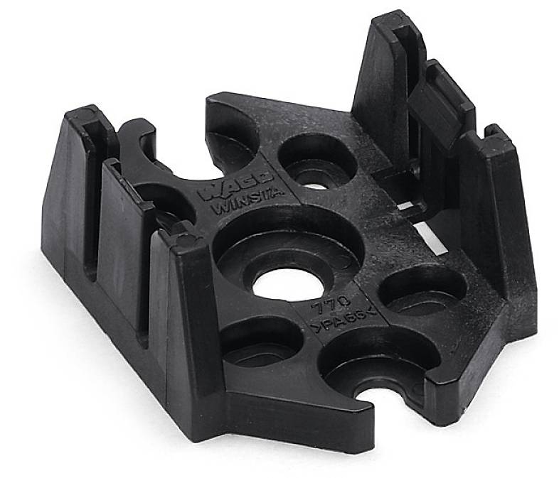 Schwarzer Kunststoffadapter mit mehreren Aussparungen und Erhebungen. Entworfen für technische Anwendungen, möglicherweise als Halterung.