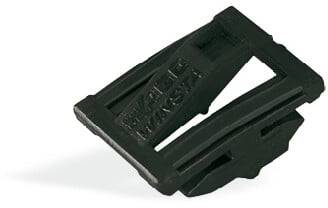 Ein schwarzer Plastikclip mit rechteckiger Form, möglicherweise für Kabelmanagement oder Befestigungszwecke verwendet.