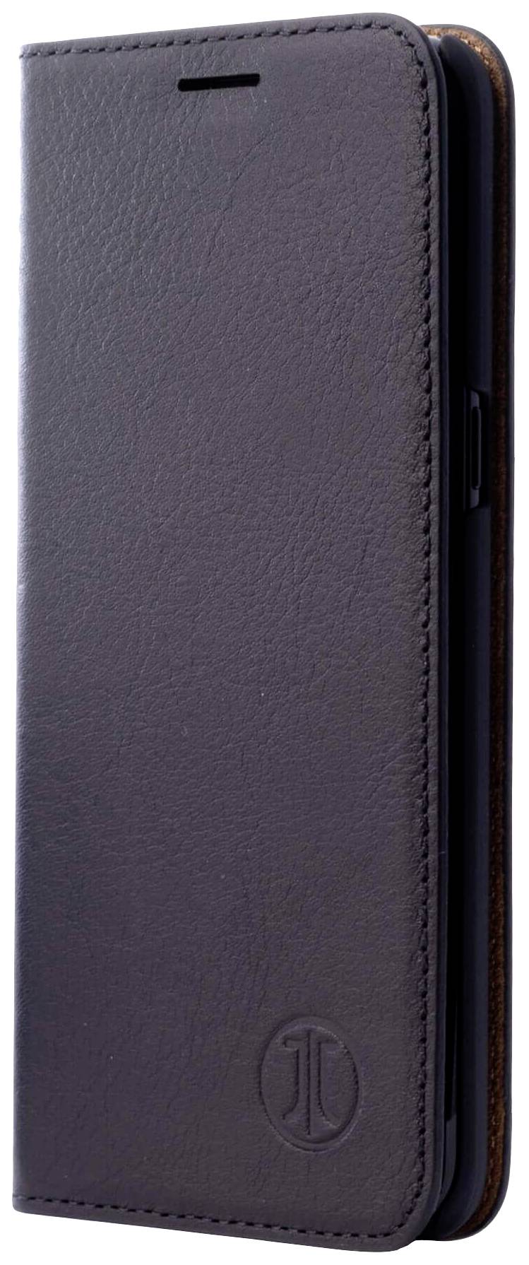 Ein geschlossenes, braunes Ledercase für ein Smartphone mit einem eingeprägten Logo in der unteren rechten Ecke.