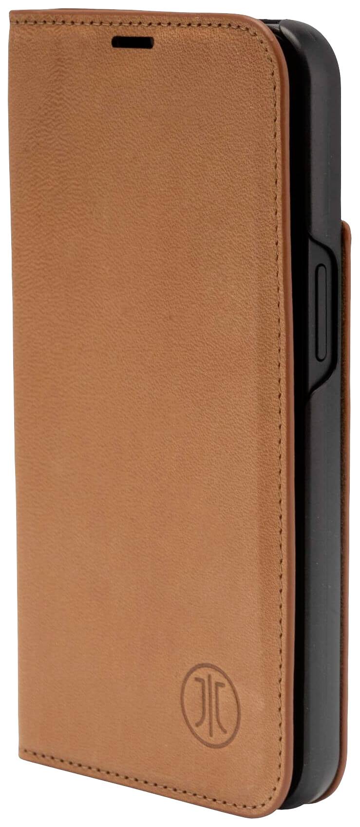 Braune Handyhülle aus Leder mit Klappdesign, das das Gerät schützt. Rechteckige Form mit schmalem Spalt für Lautsprecher an der Oberseite.