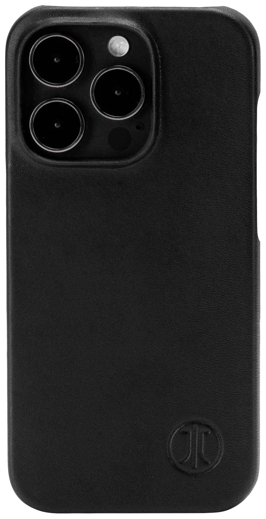 Schwarzes Smartphone mit Kameralinsen und Logo am unteren Rand der Rückseite, auf einer weißen Oberfläche liegend.