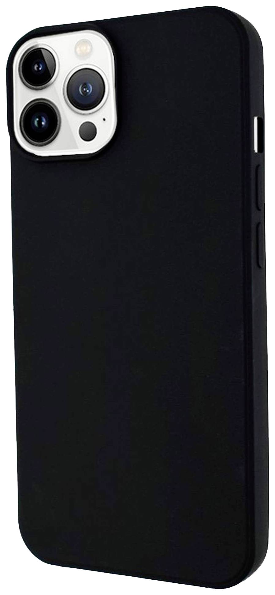 Schwarzes Smartphone mit drei hinteren Kameralinsen, schlankes modernes Design, liegt aufrecht vor weißem Hintergrund.