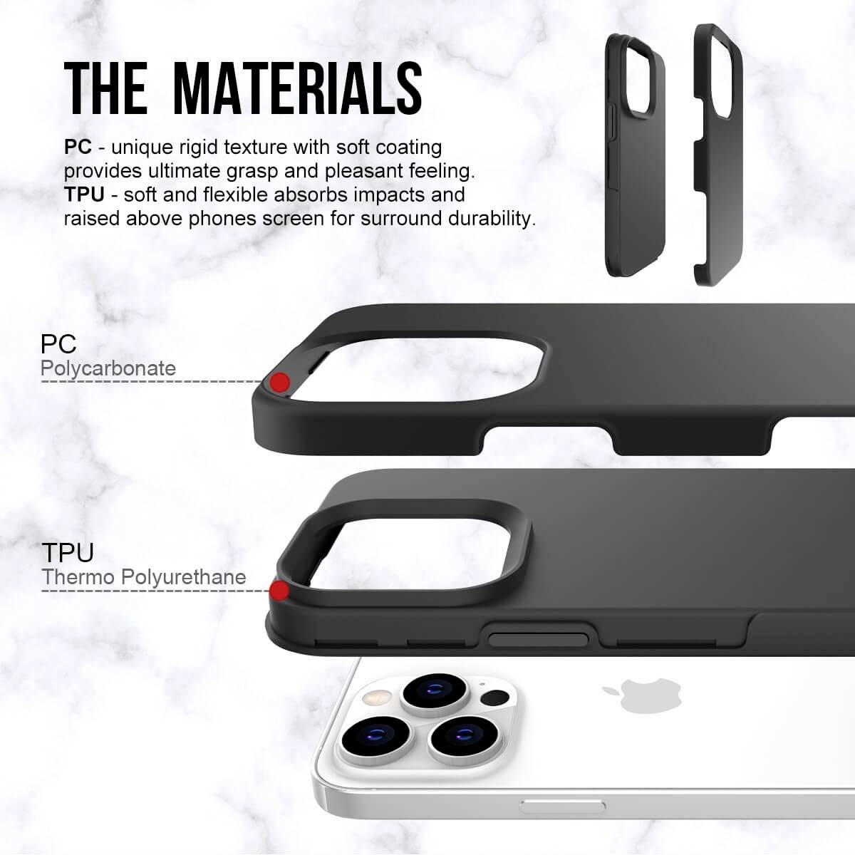 'Die Materialien' zeigt Handyhüllen aus PC (Polycarbonat) und TPU (Thermoplastisches Polyurethan) mit Eigenschaften wie Haltbarkeit und Soft-Touch.