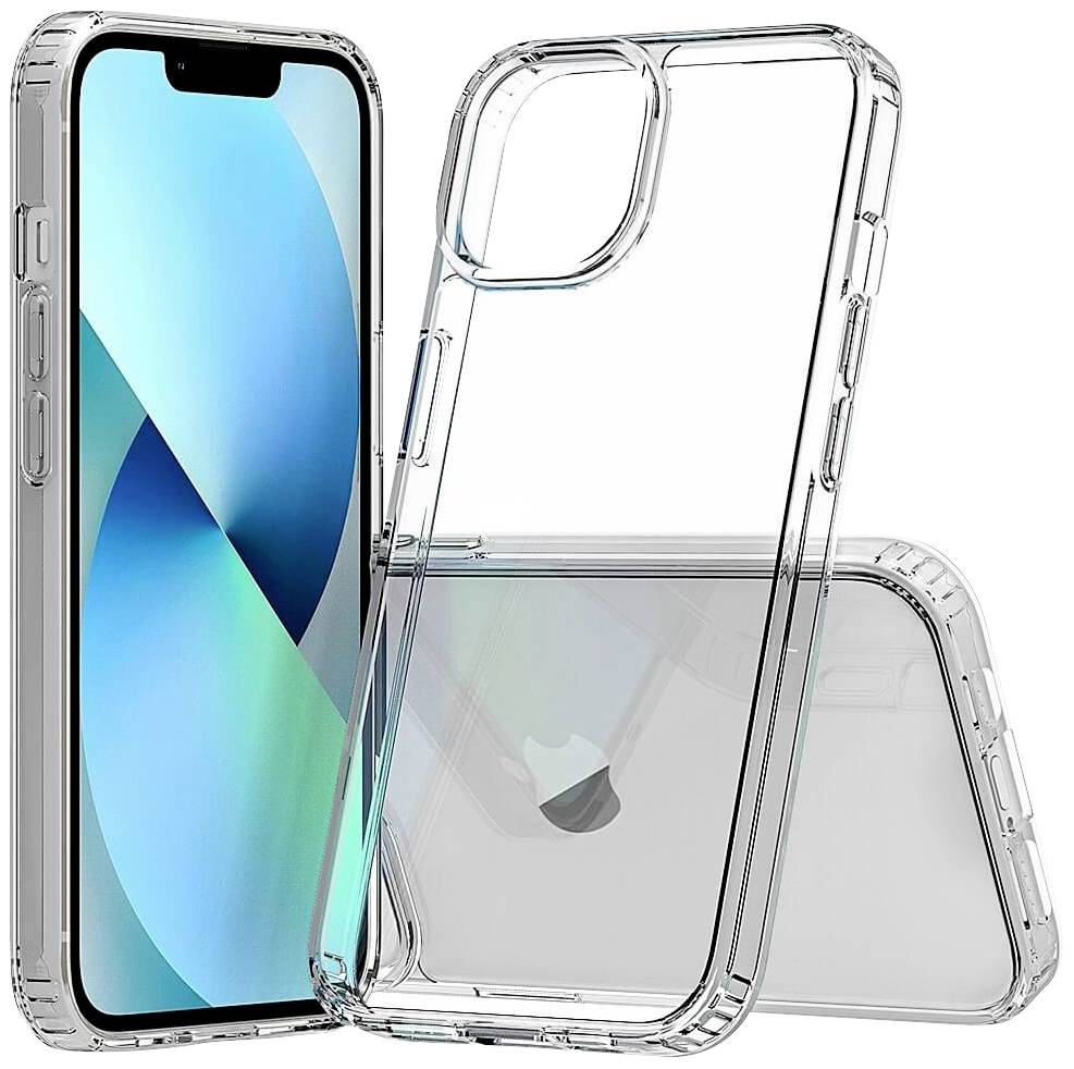 Transparentes Handyhülle-Set für ein Smartphone, das aufrecht steht. Das Handy zeigt ein abstraktes blau-grünes Design auf dem Bildschirm.