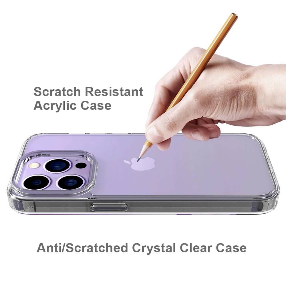 Hand hält Stift über lila Handyhülle mit aufgeprägtem Apfel-Logo. Text: 'Scratch Resistant Acrylic Case', 'Anti/Scratched Crystal Clear Case'.