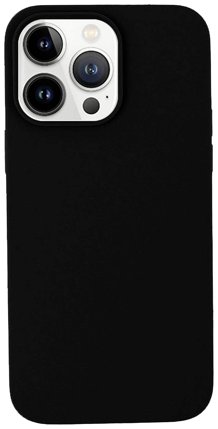 Schwarzes Smartphone-Gehäuse mit Aussparungen für drei Kameras und Blitz. Geeignet für den Schutz und die Funktionalität des Geräts.