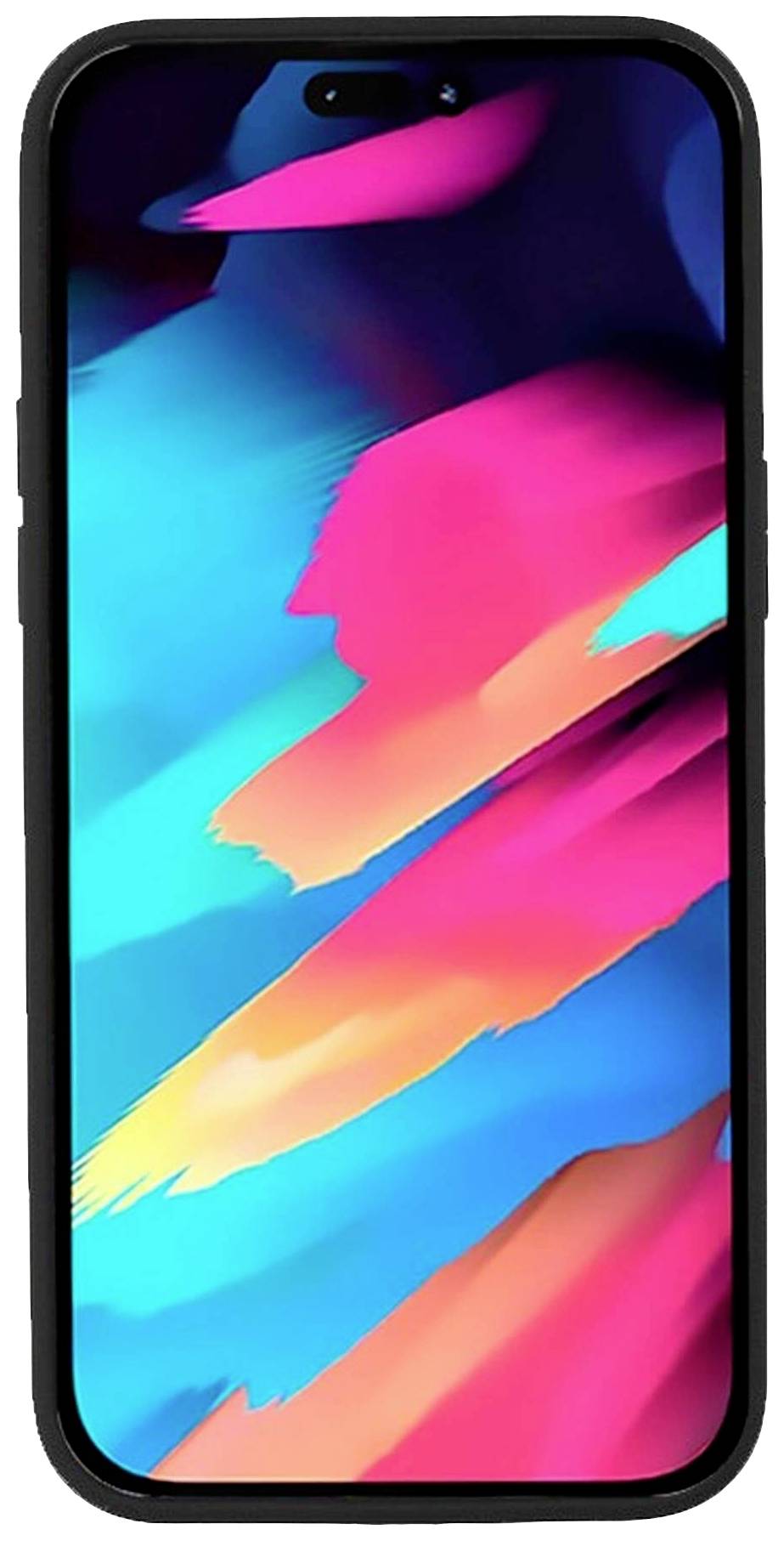 Ein Smartphone mit einem farbenfrohen, abstrakten Bildschirmhintergrund in Blau, Pink und Gelb.