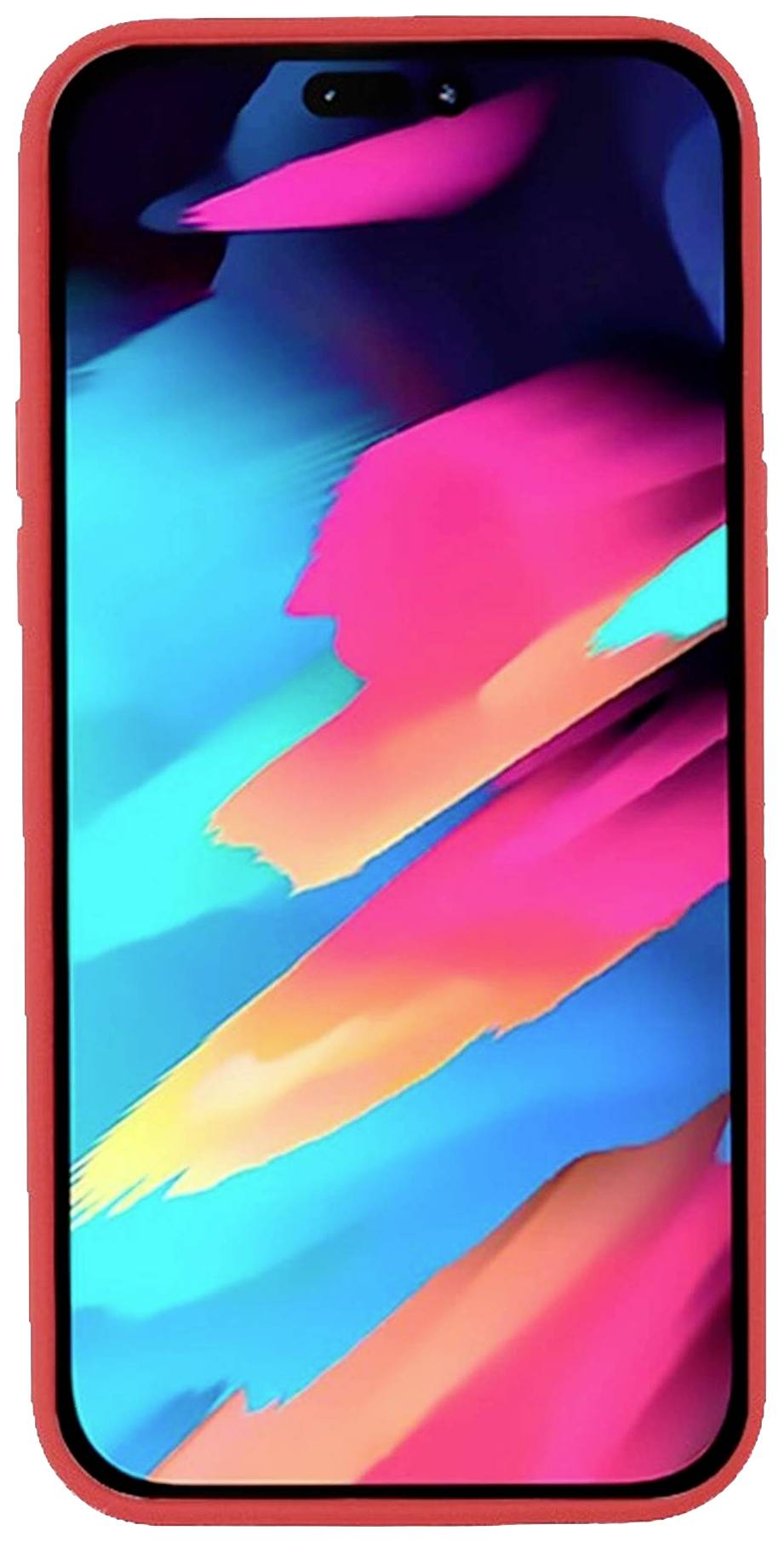 Ein Smartphone mit roter Hülle und leuchtendem, abstraktem Hintergrund in Blau, Pink und Gelb auf dem Bildschirm.