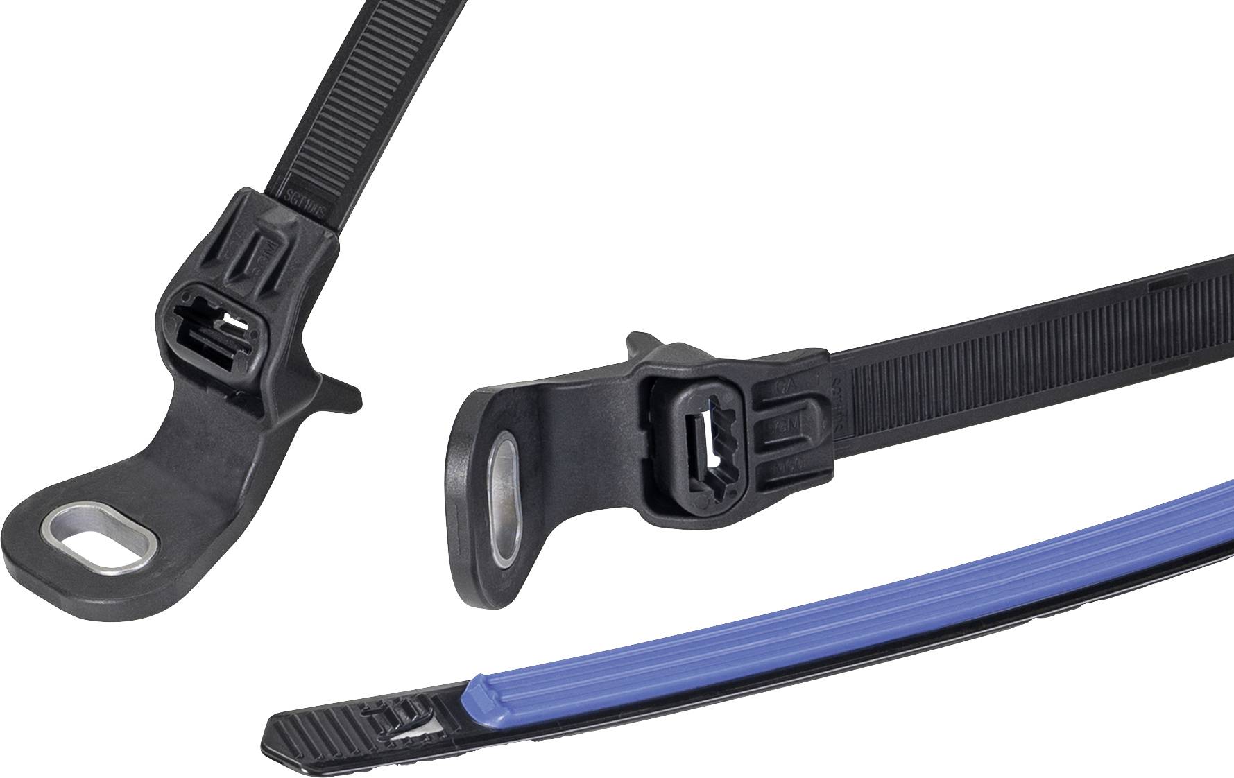 Drei Kabelclips in Schwarz und Blau. Zwei haben unterschiedliche Anschlussformen und Größen, einer ist mit einem blauen Streifen versehen.