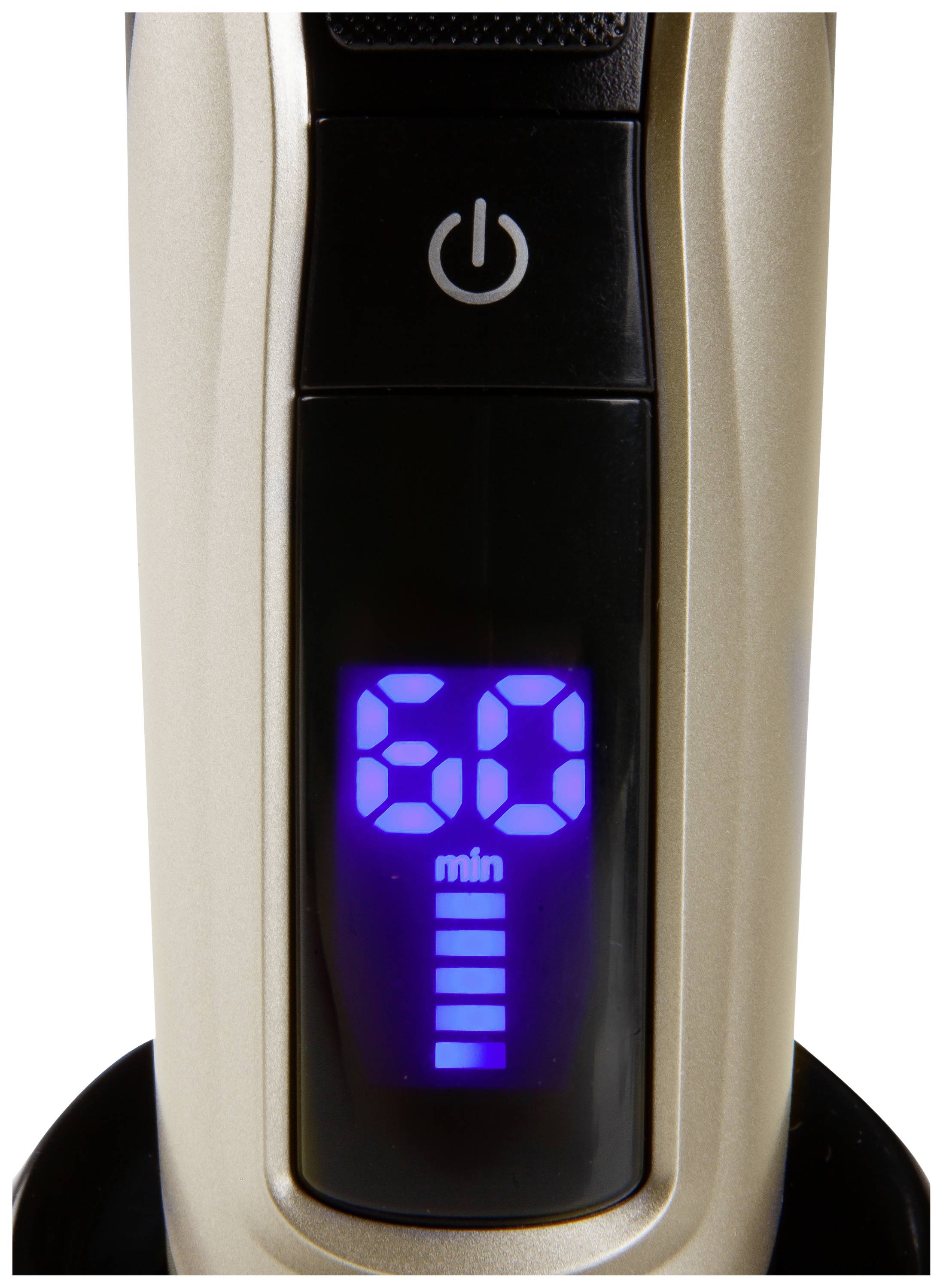 Elektrisches Gerät mit einem Display, das blau leuchtend '60 min' und eine Batterieanzeige zeigt. Oben befindet sich ein Ein-/Ausschalter.