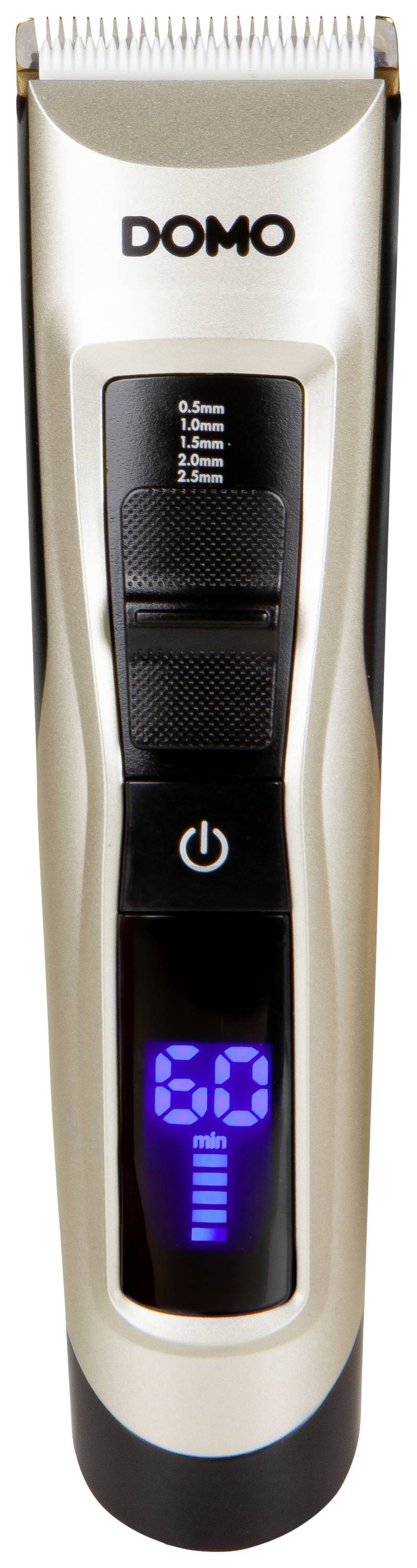 Elektrischer Haarschneider mit LED-Anzeige, die '20 min' zeigt. Silber-schwarz mit oberen Scherköpfen und seitlichem Ein-/Ausschalter.