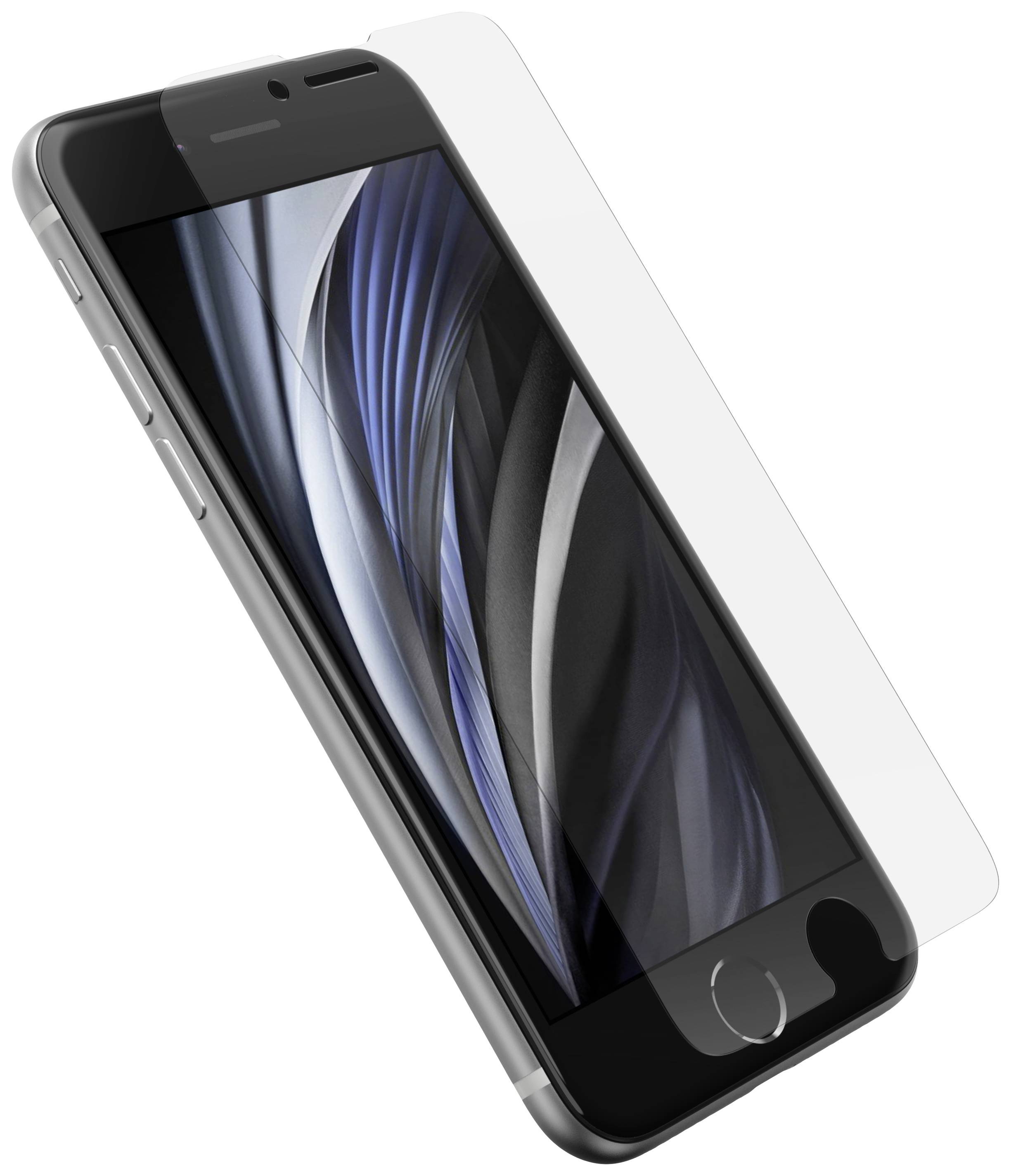 Smartphone mit Displayschutzfolie, leicht angewinkelt, zeigt abstraktes, blau-schwarzes Muster auf dem Bildschirm.