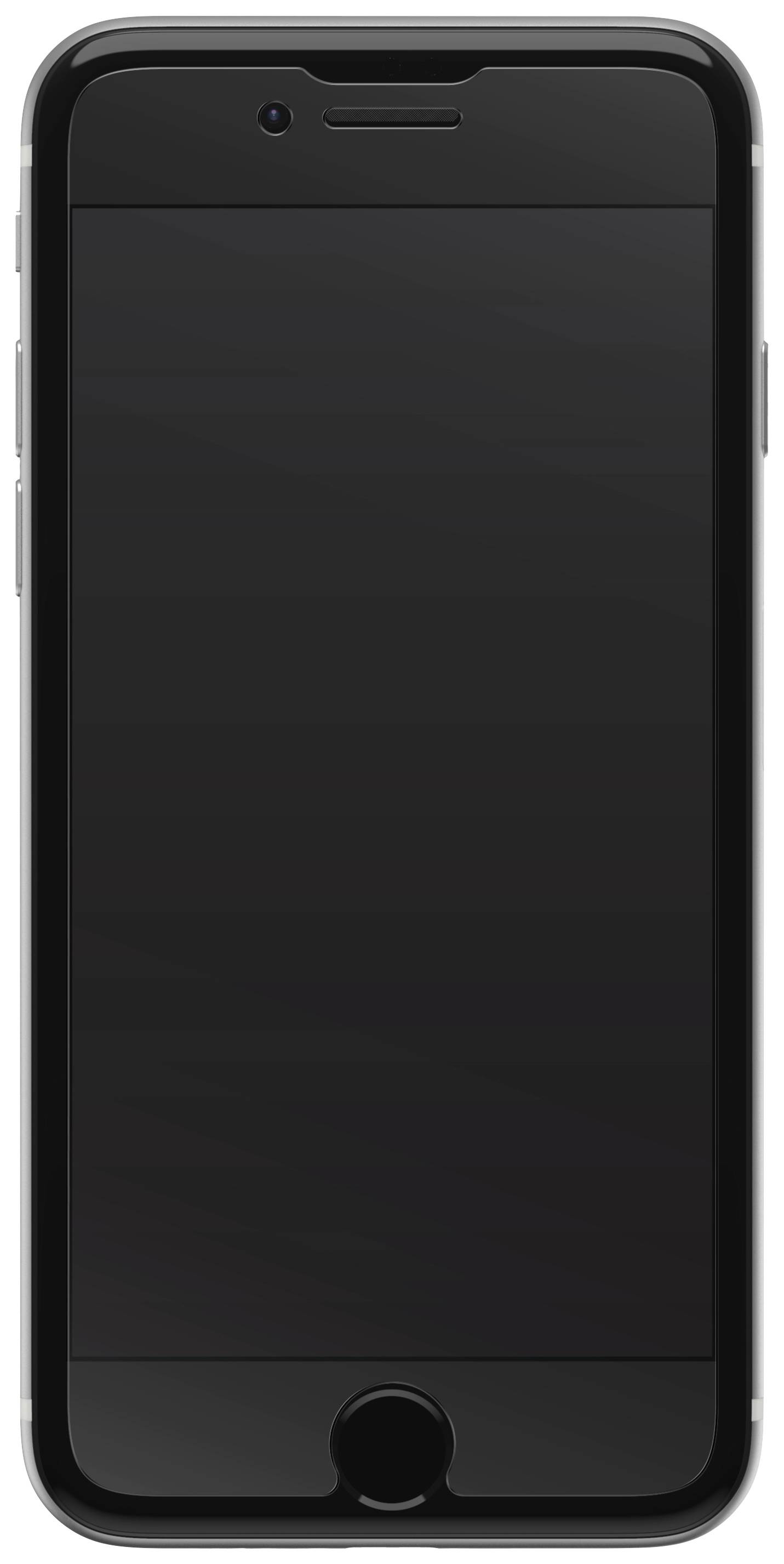 Ein modernes Smartphone mit schwarzem Bildschirm und abgerundeten Ecken, frontal abgebildet.