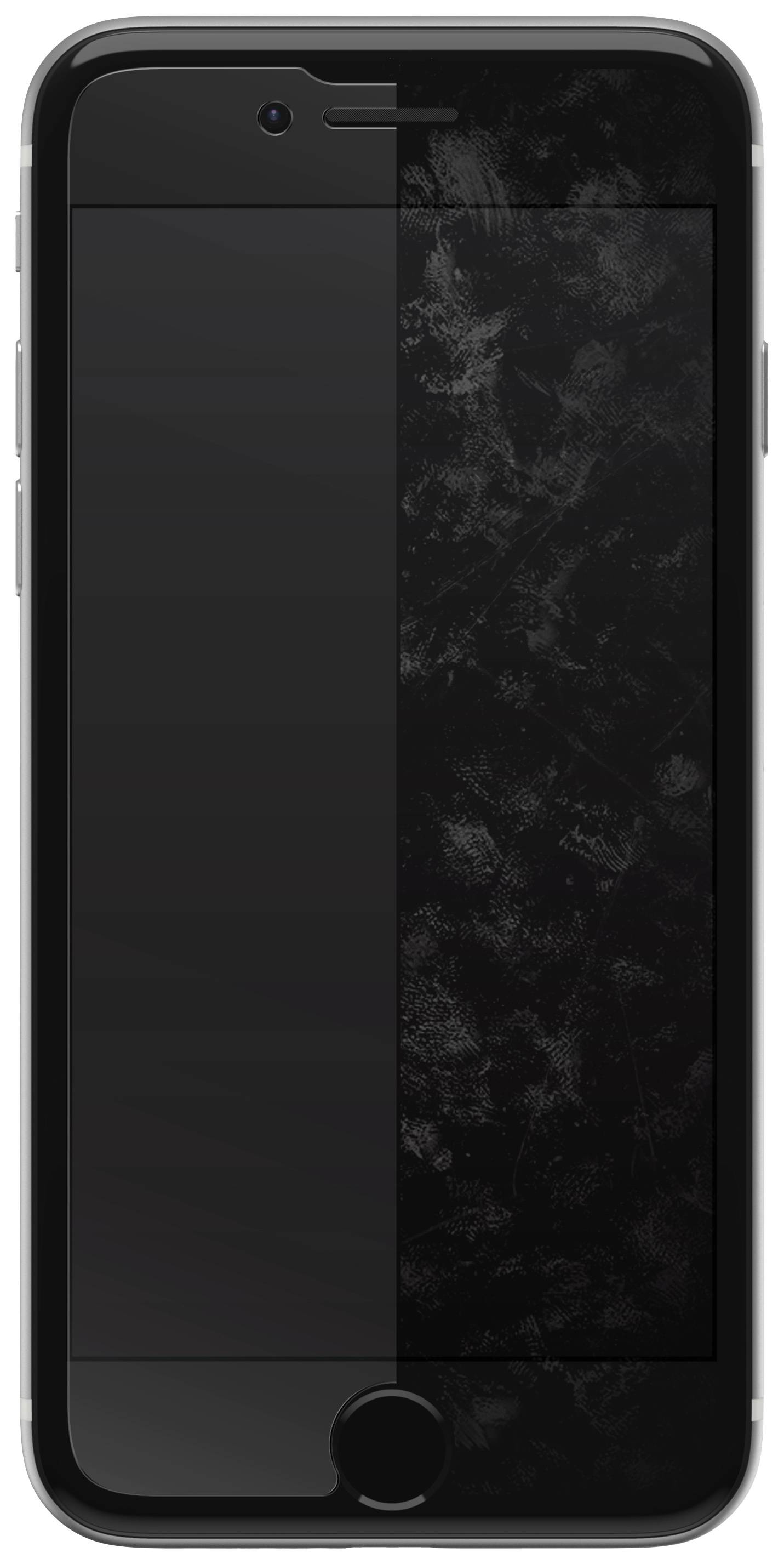 Ein Smartphone mit einem schwarzen Bildschirm und einem Home-Button, dargestellt von vorne.