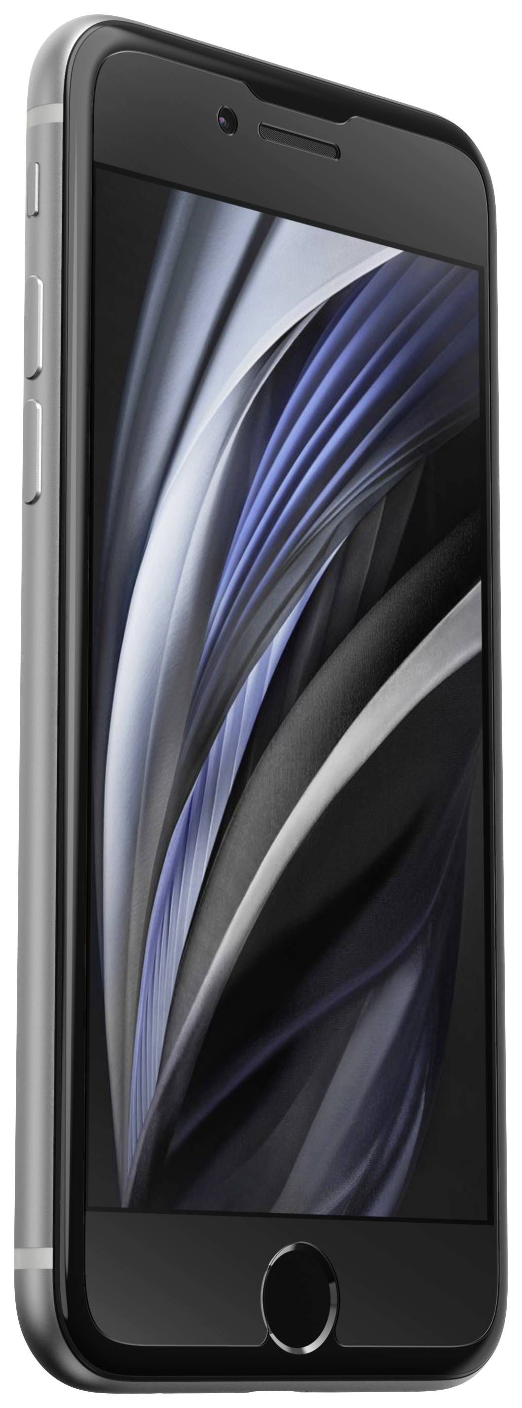 Ein schwarzes Smartphone mit abgerundeten Ecken, seitlicher Ansicht. Der Bildschirm zeigt abstrakte, geschwungene Linien in Blau- und Grautönen.