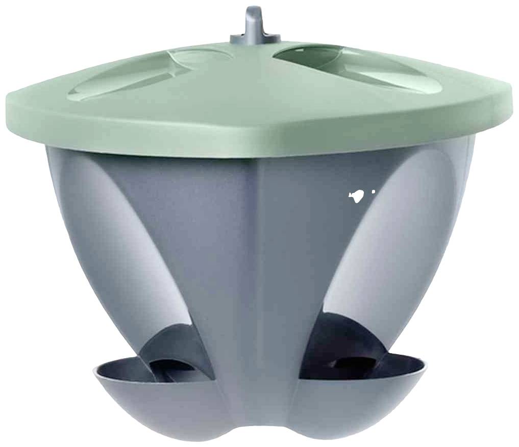 Grauer, moderner Pflanztopf mit grünem Deckel und integriertem Wasserspeicher. Entworfen für effiziente Bewässerung.