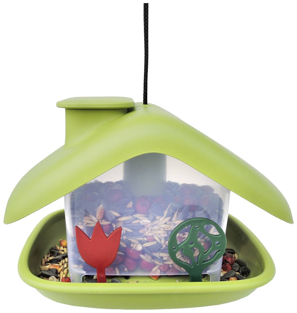 Grünes Vogelhaus mit Dach, gefüllt mit Samen. Zwei dekorative Stäbe: einer in Blumenform, der andere mit Blattmotiv.