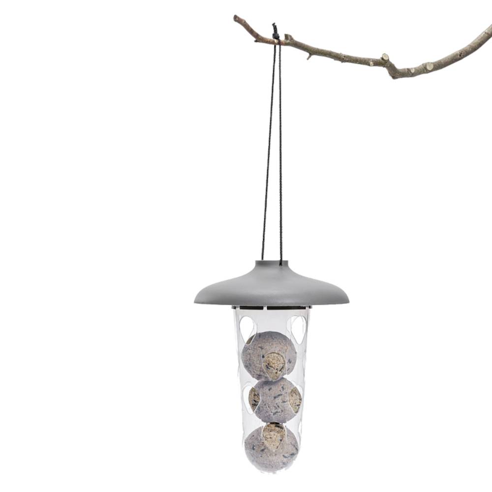 Ein Vogelhäuschen hängt an einem Ast und enthält mehrere Futterkugeln.