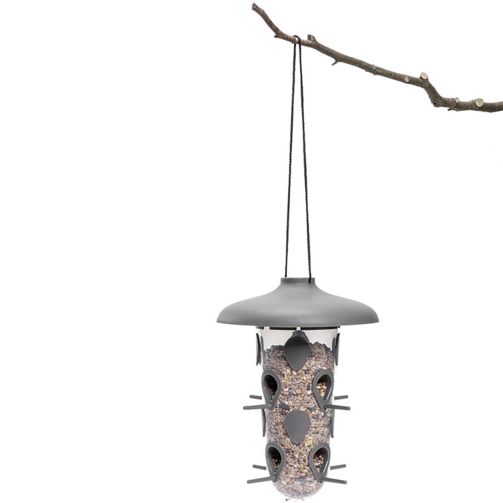 Metallener Vogelfutterspender hängt an einem Ast, gefüllt mit Körnern, mit mehreren Sitzstangen für Vögel.