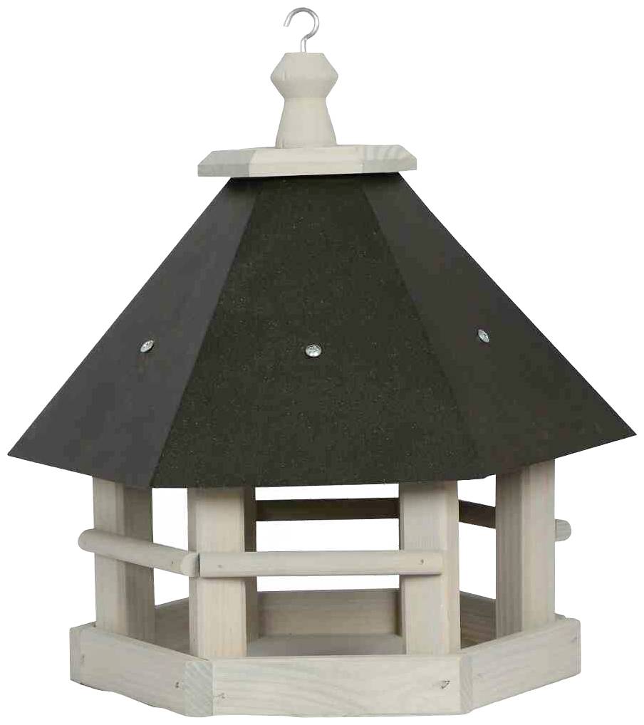 Sechseckiges, hölzernes Vogelhaus mit dunklem Dach und Aufhängungshaken oben, geeignet für Gartenvögel zur Fütterung.