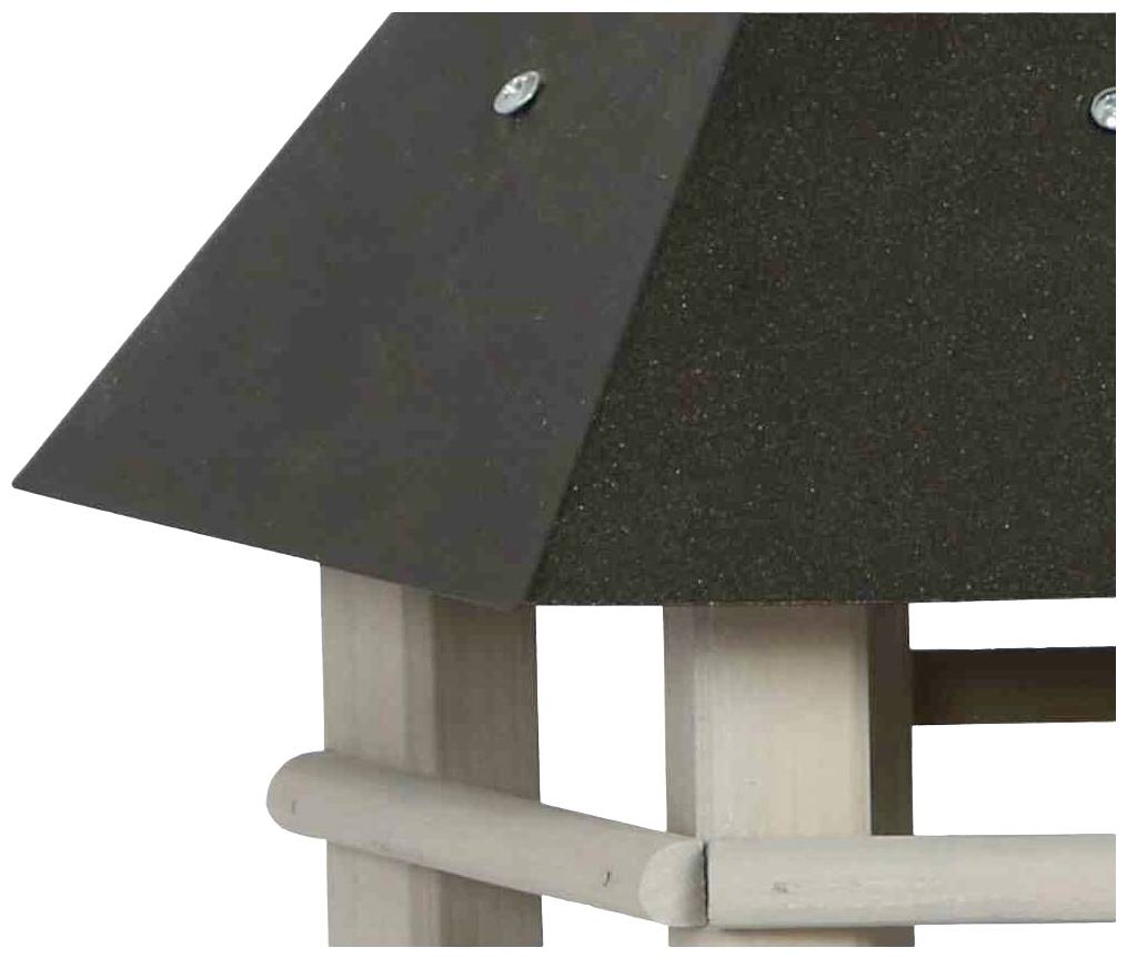 Ausschnitt eines Vogelhauses mit dunkelgrauem Dach, das mit Schrauben befestigt ist. Holzstruktur sichtbar.