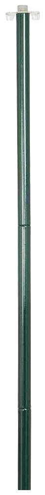 Langer, grüner Metallstab, vermutlich ein Gartenzaunpfosten, steht aufrecht.