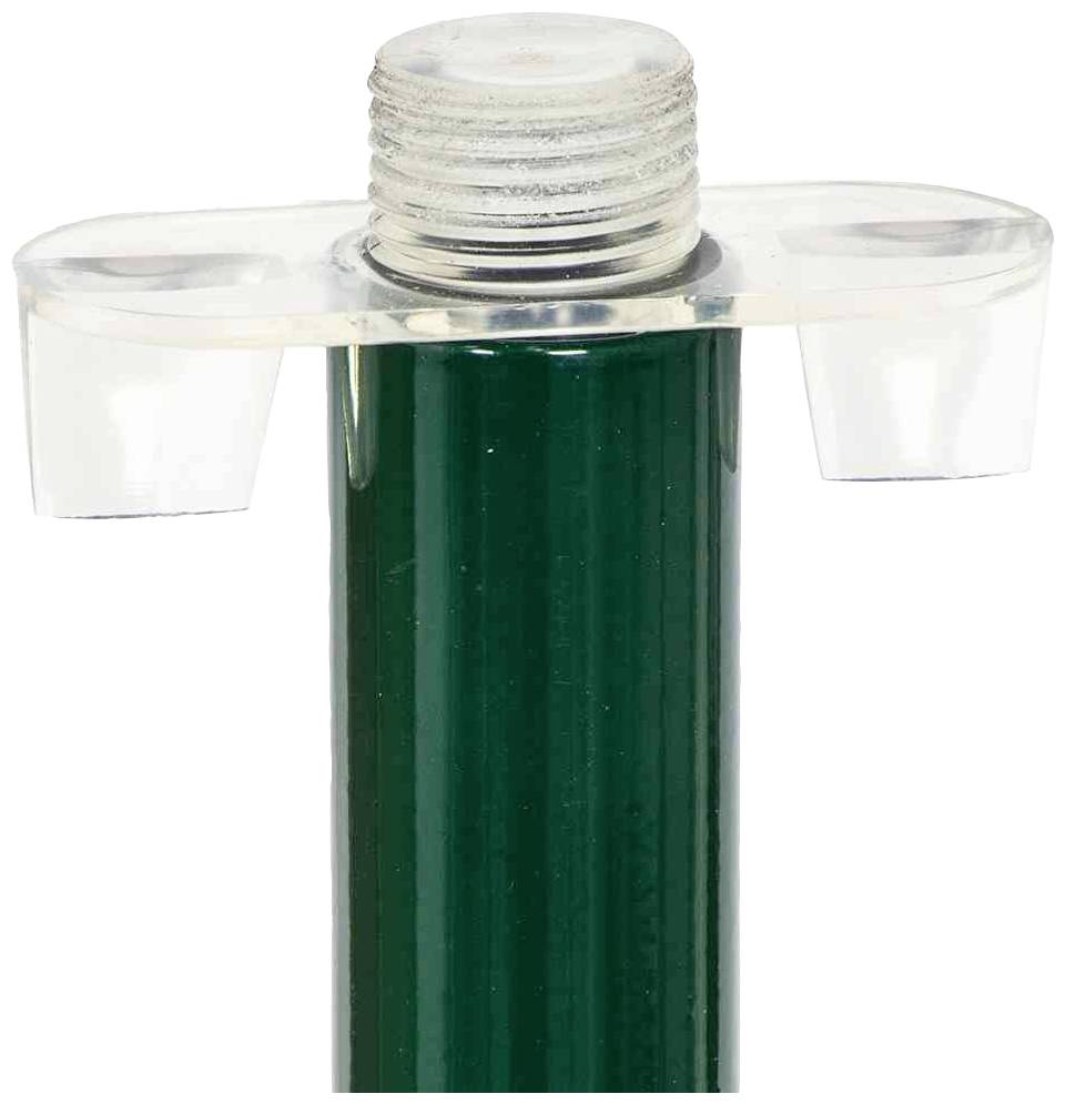 Eine grüne Stange mit einer durchsichtigen Halterung oben, die zwei seitliche Öffnungen hat.