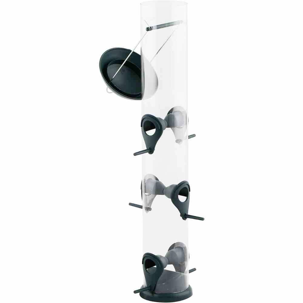 Ein transparenter Vogel-Futterspender mit mehreren Futteröffnungen und Sitzstangen. Der Deckel ist geöffnet.