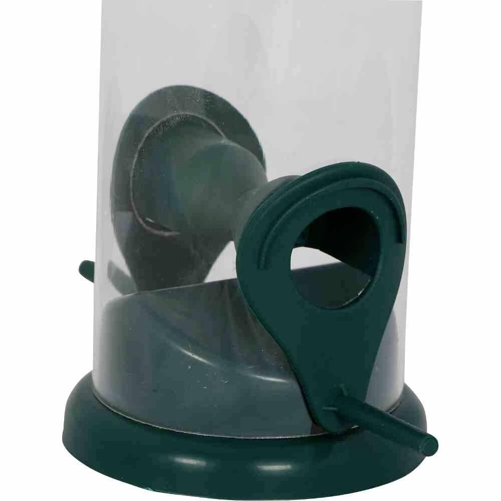 Vogelfutterspender aus grünem Kunststoff mit runder Basis und zwei Aussparungen für Vogelfutter.