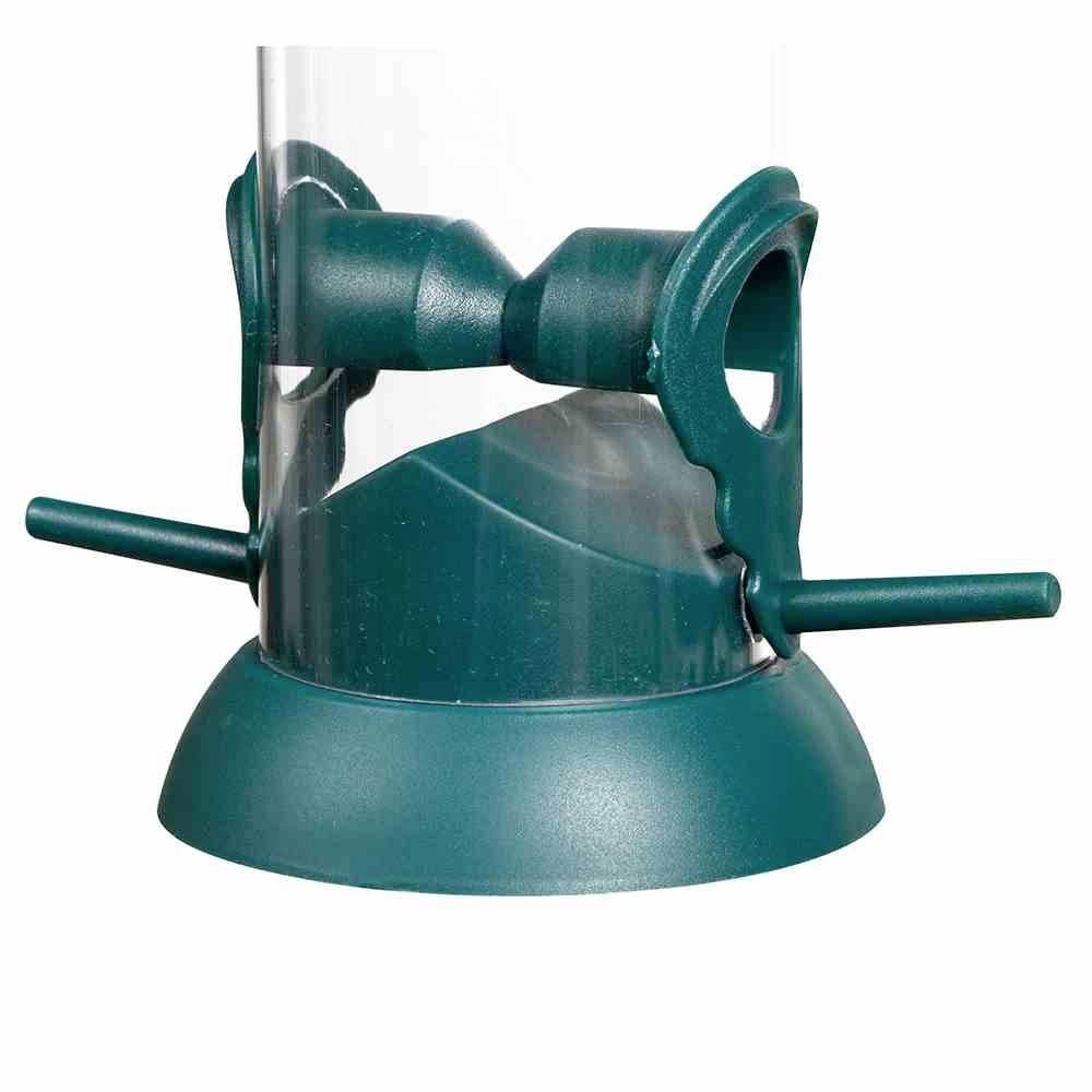 Grüner Vogel-Futterspender mit zwei Sitzstangen, transparentem Behälter, an dem Vögel Futter aufnehmen können.