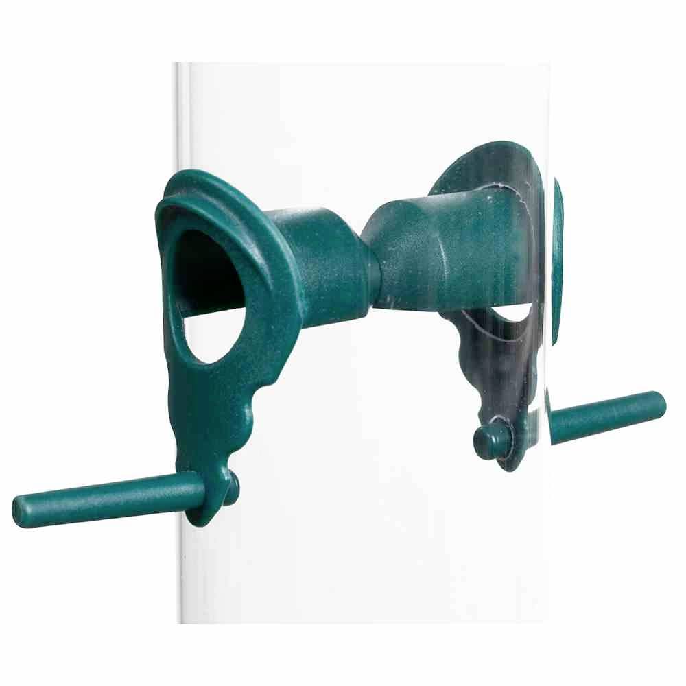Grüner Scharnierbeschlag, der an einem transparenten Rohr oder einer Stange befestigt ist, mit Hebelarmen auf beiden Seiten.