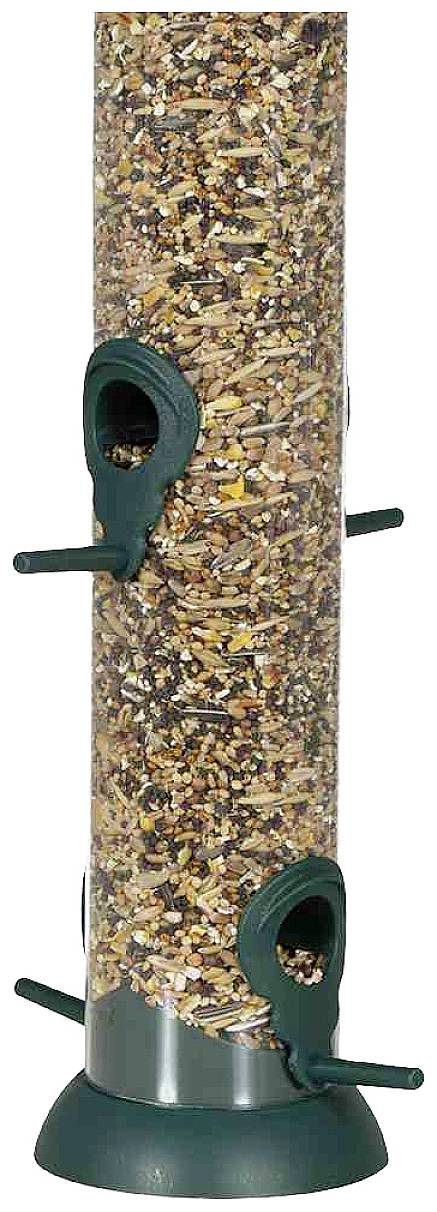 Ein hoher, transparenter Vogelfutterspender mit mehreren grünen Sitzstangen, gefüllt mit verschiedenen Samen.