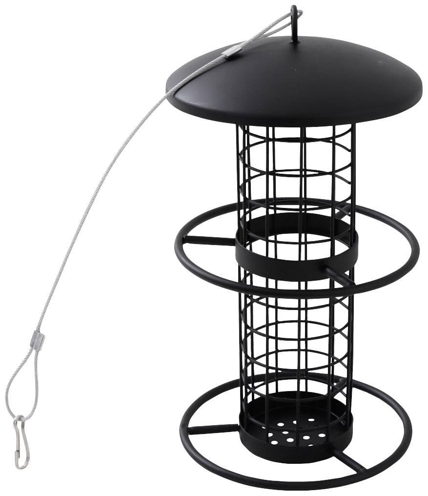 Schwarzer, zylinderförmiger Vogel-Futterspender aus Metall mit flachem Dach und Gitterstruktur, geeignet zum Aufhängen.