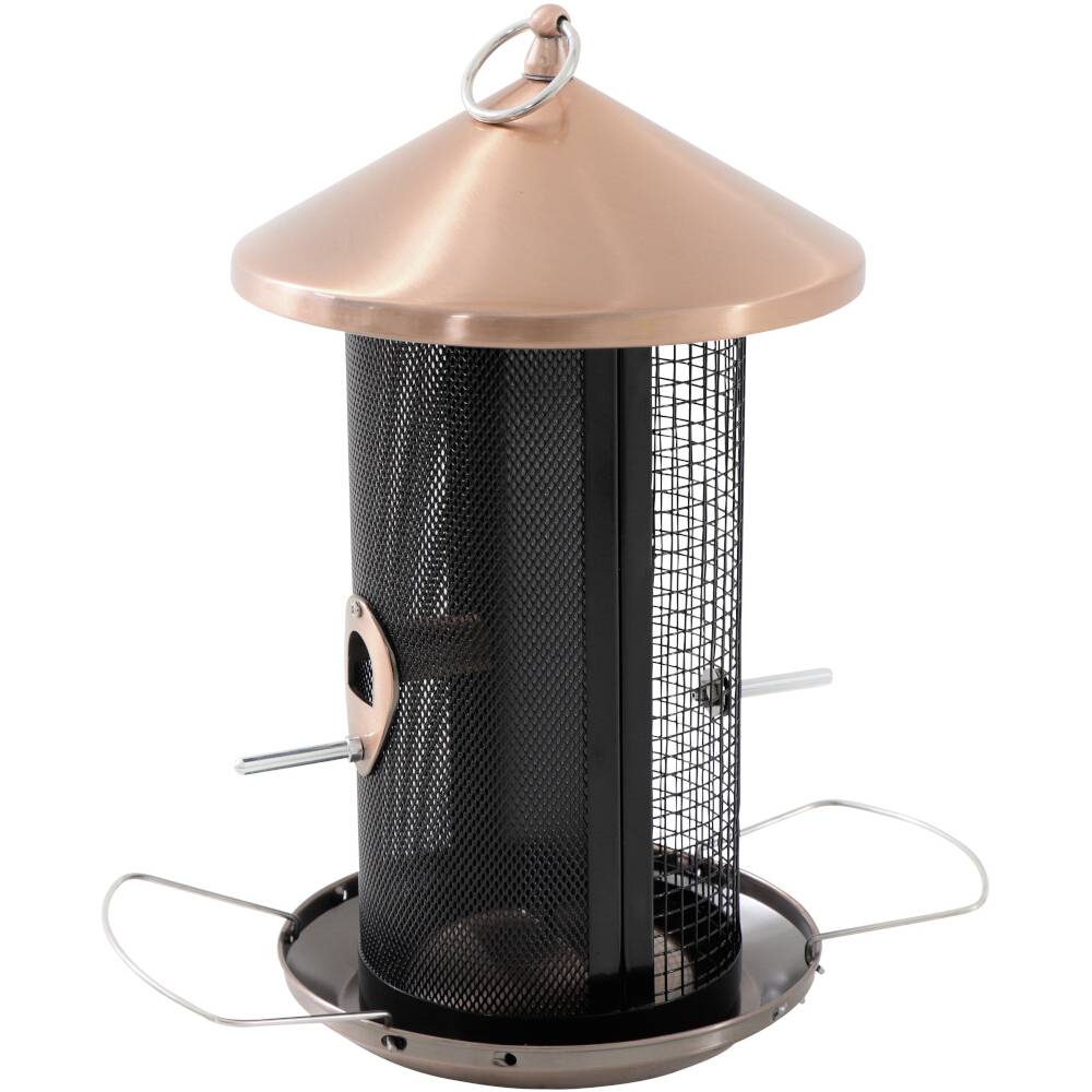 Futterschale aus Metall im Vintage-Stil mit kegelförmigem Dach und Gitterkäfig, geeignet für Vögel.