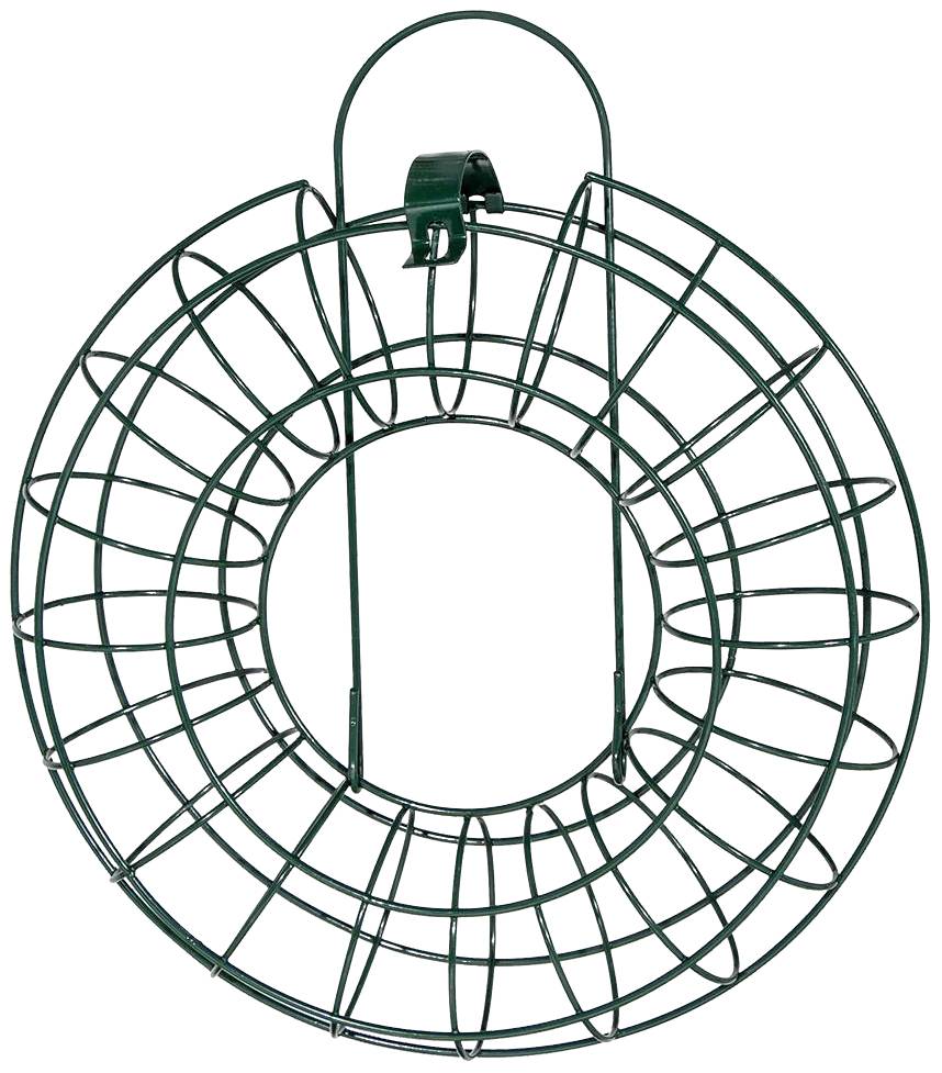 Runder, grüner Draht-Vogelkäfig ohne Inhalt, mit Haken oben zum Aufhängen, geeignet für Vogelhäuser oder Fütterungsstationen.