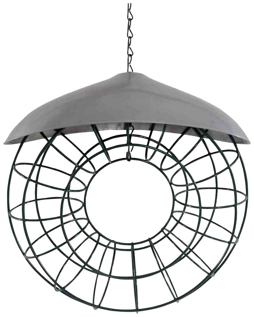 Ein hängendes, rundes Metall-Vogelfutterhaus mit einem Dach, das Vögel vor Regen schützt, ohne Futter sichtbar.