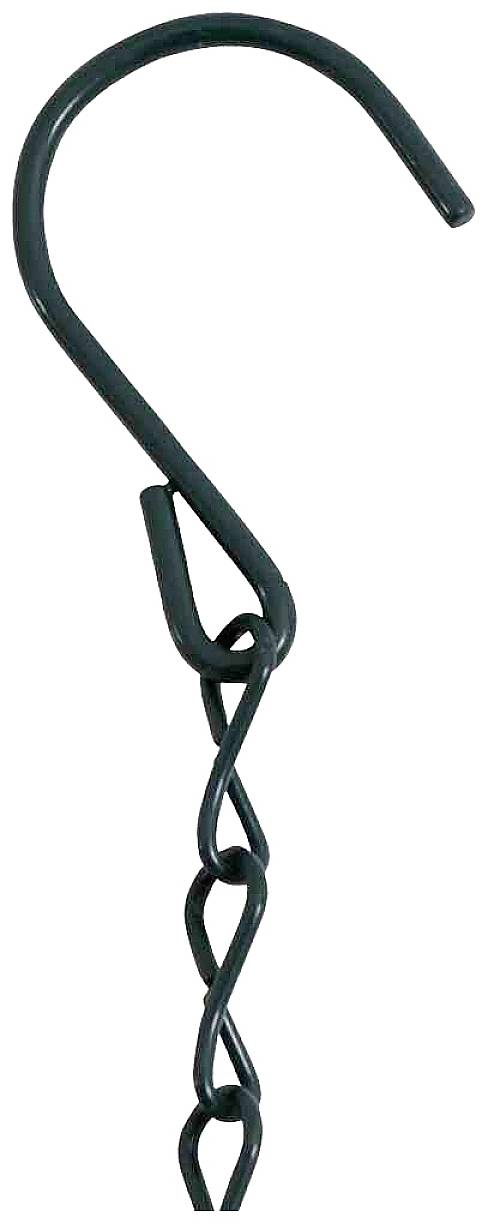 Ein grüner Metallhaken mit daran befestigter Kette, geeignet zum Aufhängen von Pflanzen oder ähnlichen Objekten.