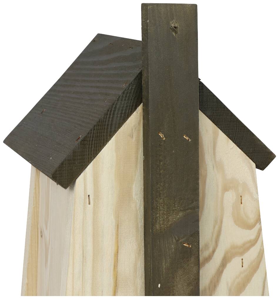 Holz-Vogelhaus mit schwarzem Dach und Naturholz-Seiten, robust verschraubt. Ideal für Gartenvögel, einfache Konstruktion.