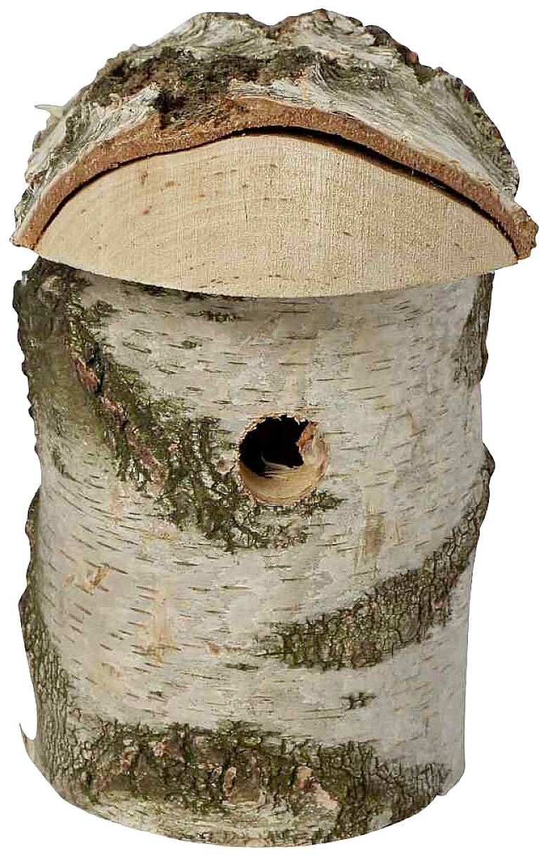 Vogelhaus aus Birkenholz in natürlicher Optik, zylindrische Form mit kleinem Eingangsloch in der Mitte.