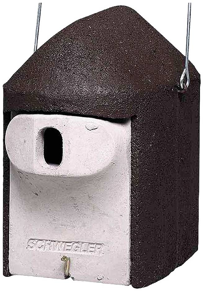 Lehmfarbener Vogel-Nistkasten aus Beton mit dunkelbrauner Dachspitze, geeignet zum Aufhängen an zwei Drähten.