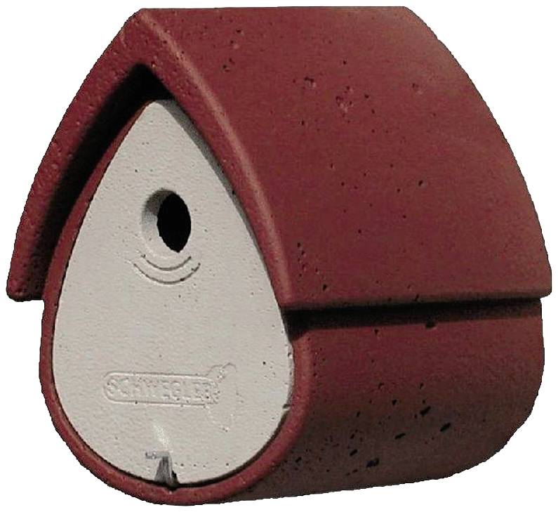 Ein rotes, tropfenförmiges Vogelhaus aus Beton mit einem kleinen Eingang auf der Vorderseite. Designed für den Außenbereich.