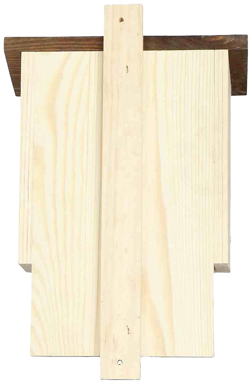 Einfacher Nistkasten aus hellem Holz, rechteckig mit Dach. Geeignet für Vögel, an einer Wand oder einem Baum zu befestigen.