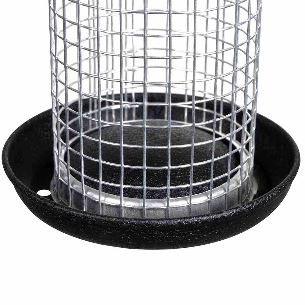 Futterspender aus Metall mit Gitternetz und schwarzer Schale, geeignet für Vögel, zur Befüllung mit Samen oder Nüssen.
