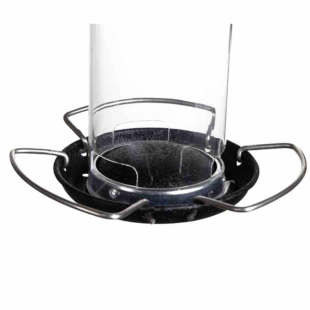 Vogel-Futtersäule aus Metall und Glas mit mehreren Sitzstangen für Vögel. Ideal zum Befüllen mit Vogelfutter im Garten.